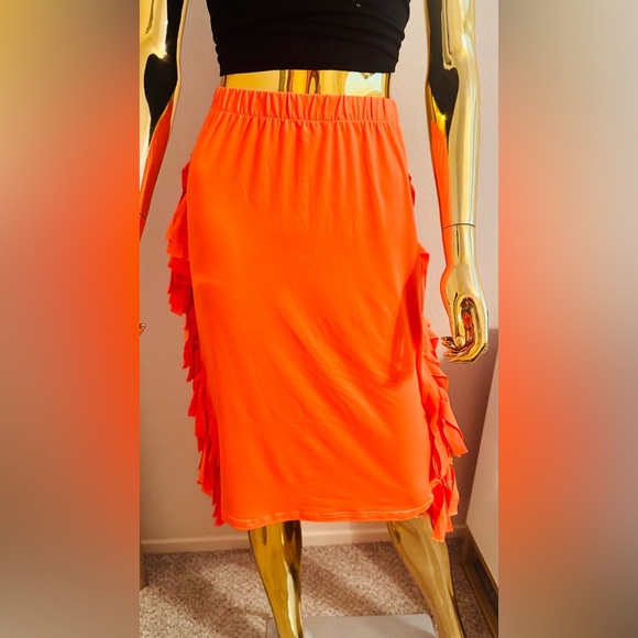 Women's High Waist Side Tassels Fringe Orange Bodycon Pencil Midi Skirt, NWOT - Picture 4 of 13
